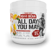 5% Nutrition Rich Piana AllDayYouMay BCAA powder bottle displaying flavor-packed intra-workout formula