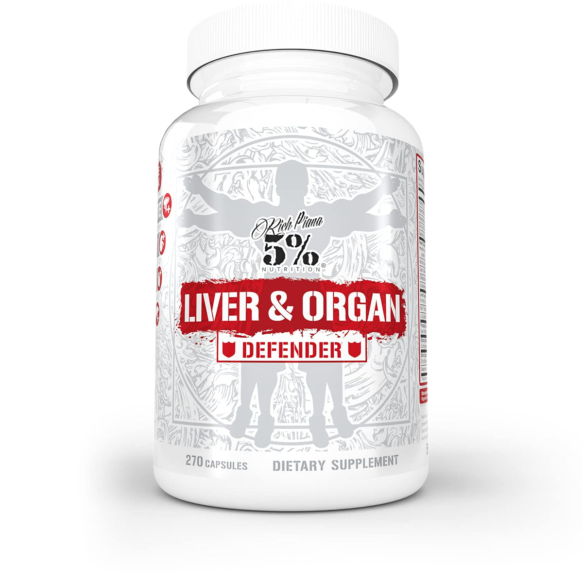 5% Nutrition Rich Piana Liver Defender bottle supports organ defense during intense training.