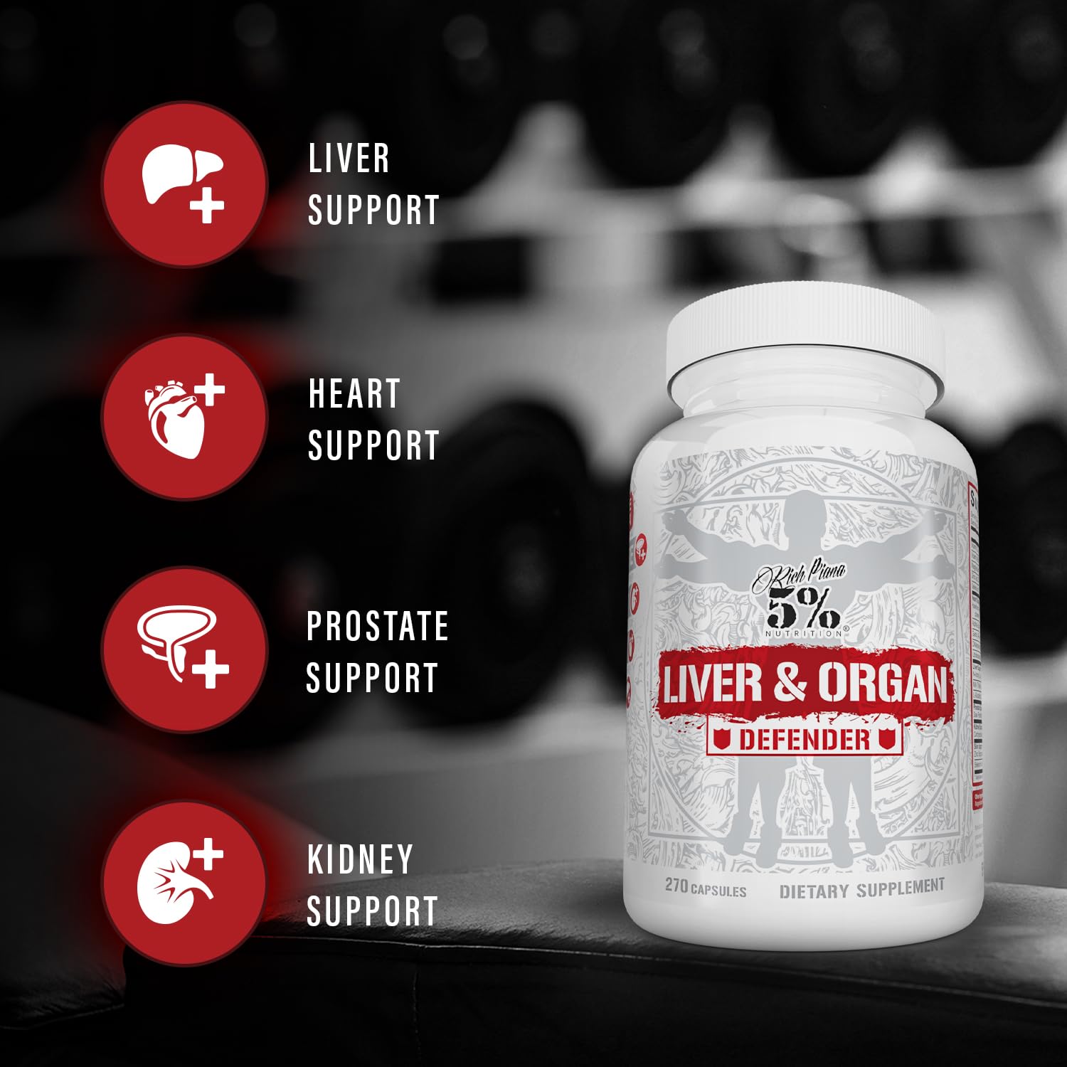 5% Nutrition Rich Piana NAC-milk-thistle capsules highlight liver detox support for cycles.