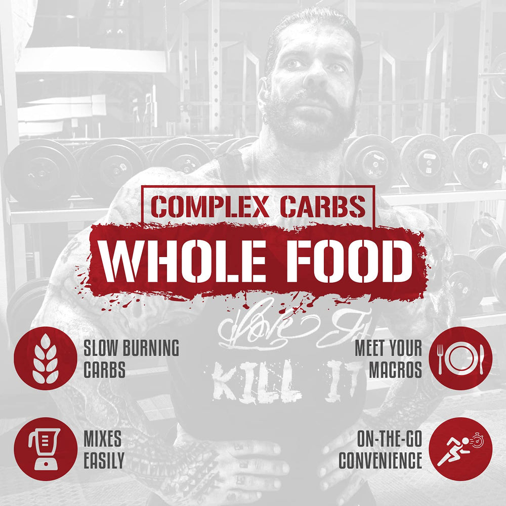 5% Nutrition Rich Carbs ingredients photo highlights potatoes, oats, yams, and blueberry powder