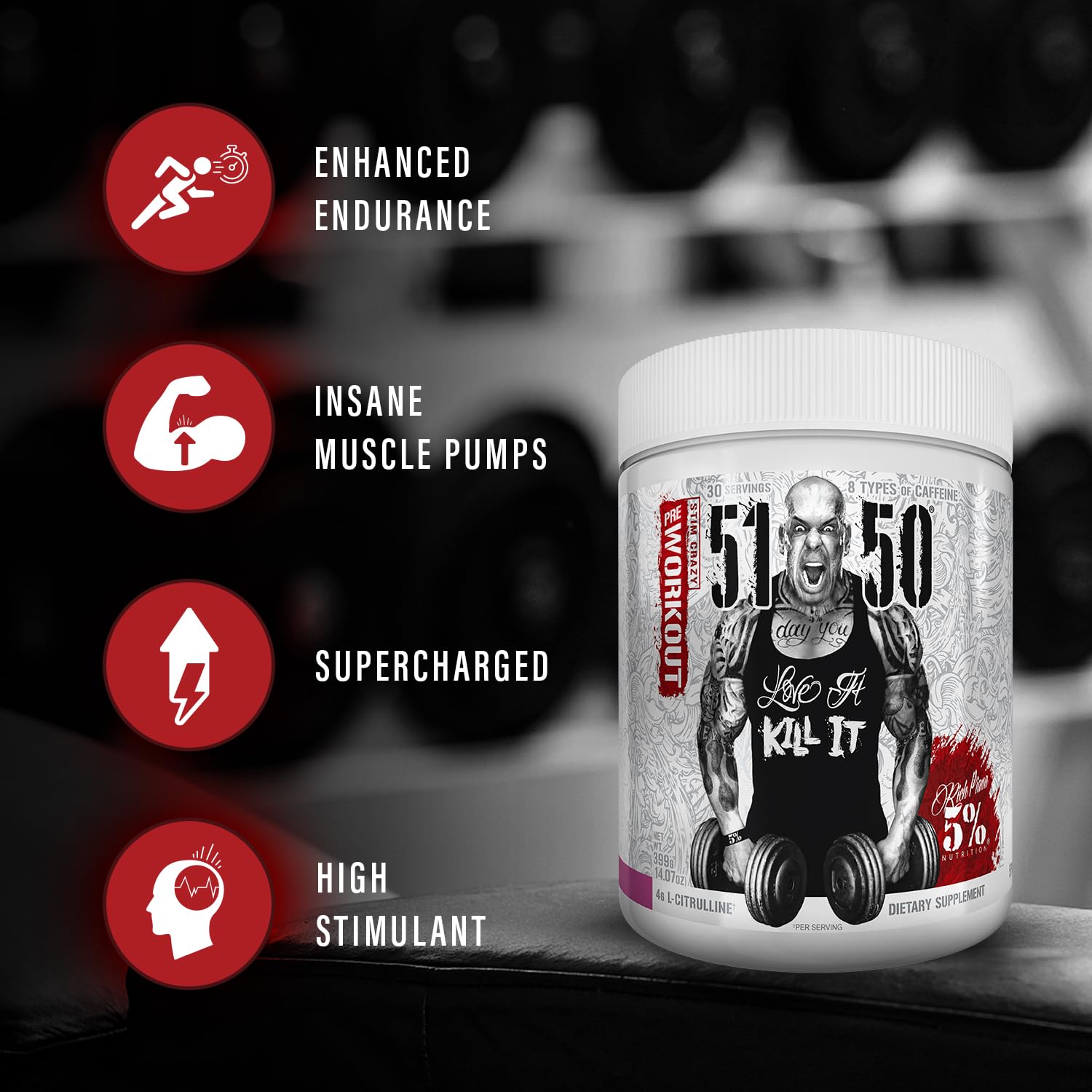 5% Rich Piana 5150 Rocket Pop flavor bottle for sustained workout energy