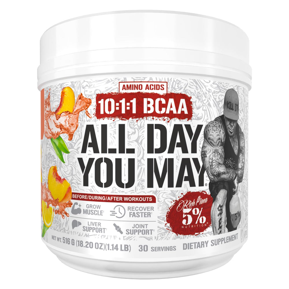 5% Nutrition Rich Piana AllDayYouMay BCAA powder bottle for all-day recovery and hydration.