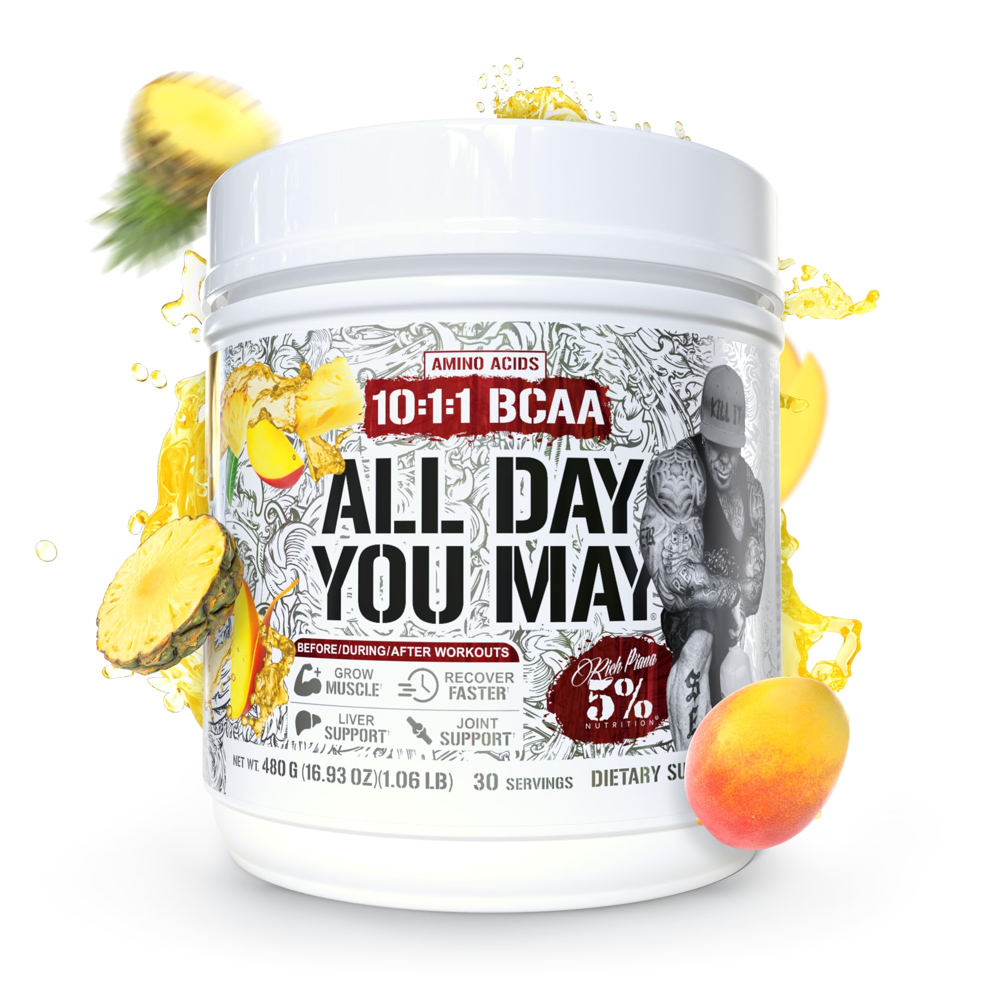 5% Nutrition Rich Piana AllDayYouMay BCAA Powder ingredient close-up with aminos and electrolytes