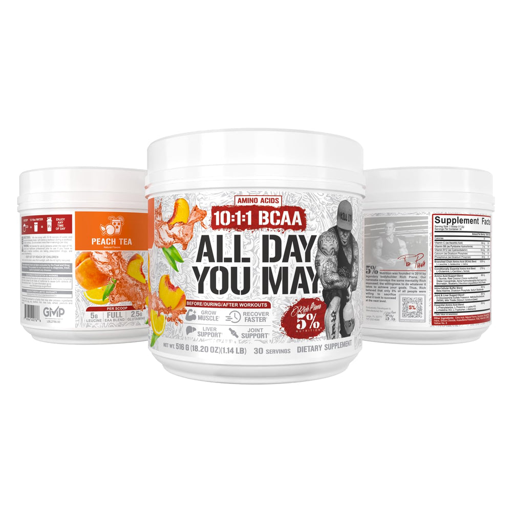 5% Nutrition Rich Piana AllDayYouMay label closeup emphasizing quality testing and GMP standards.