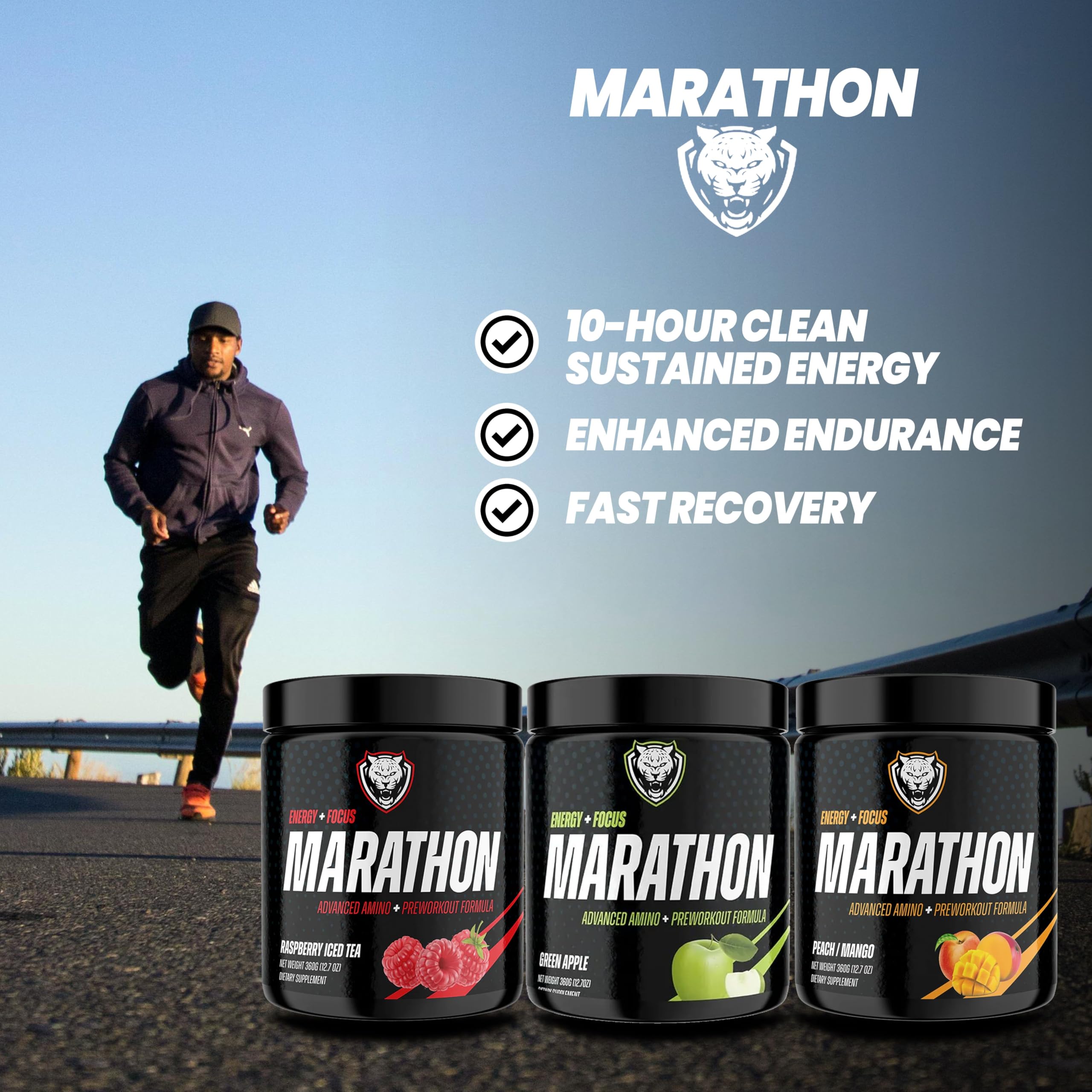 6AM Run Marathon ingredients list highlighting zero artificial sweeteners and gluten-free.