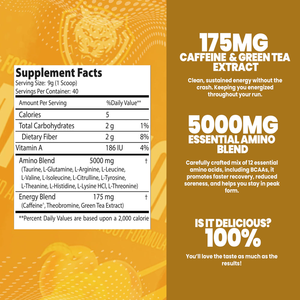 6AM Run Marathon tub label close-up emphasizing BCAAs and amino acids.
