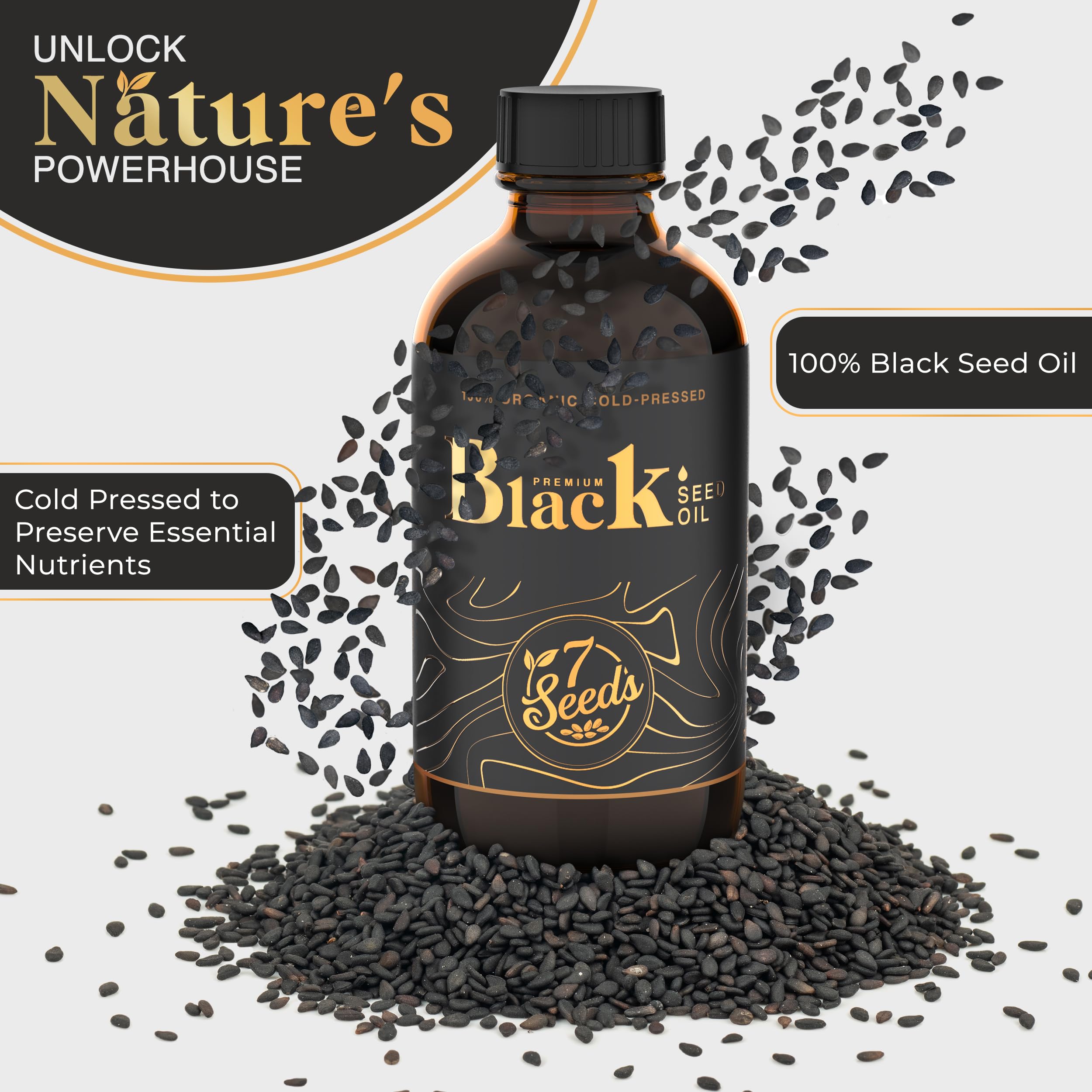 7 Seeds Black Seed Oil glass bottle front view for product detail.
