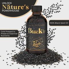 7 Seeds Black Seed Oil glass bottle front view for product detail.