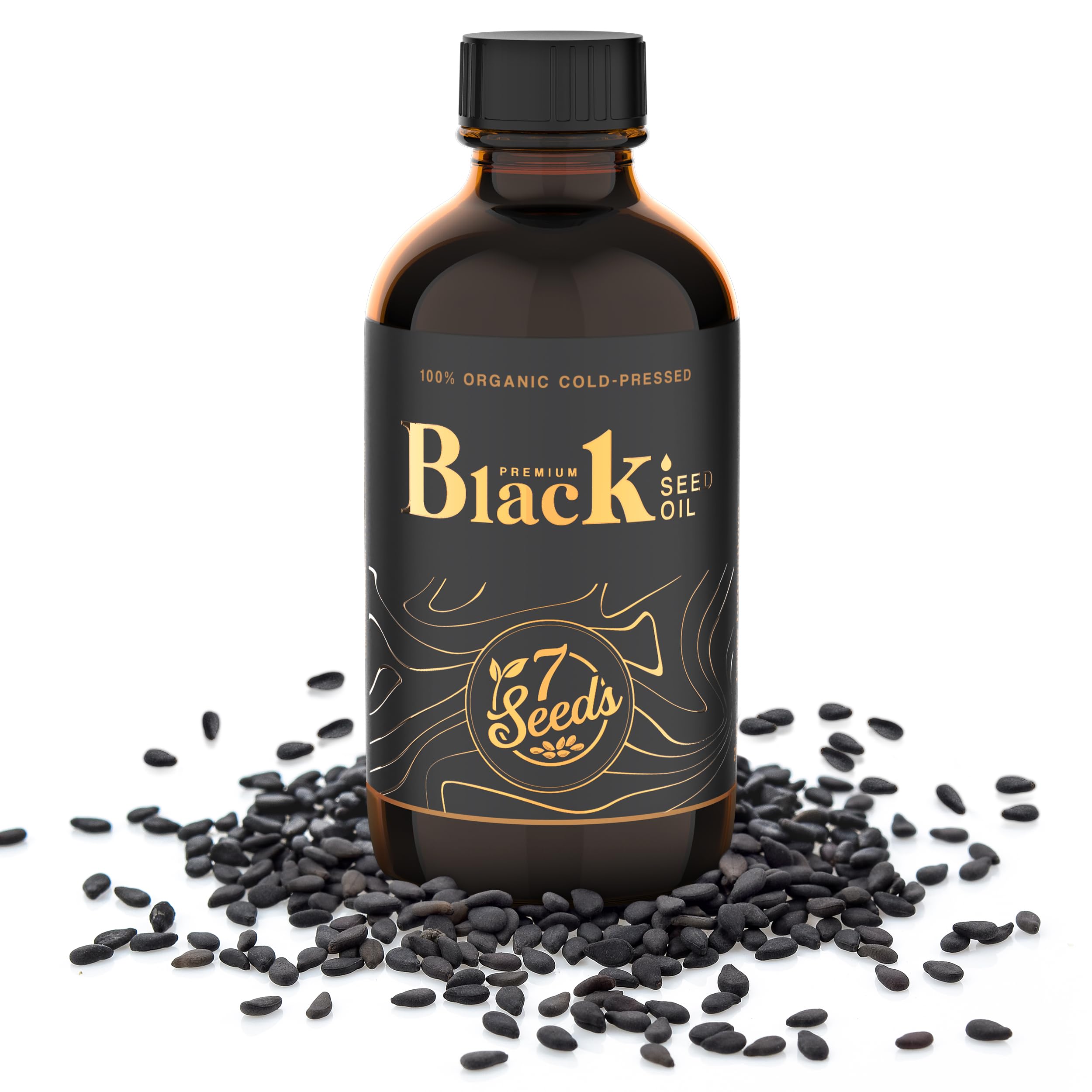 7 Seeds Black Seed Oil label closeup shows branding and ingredients.