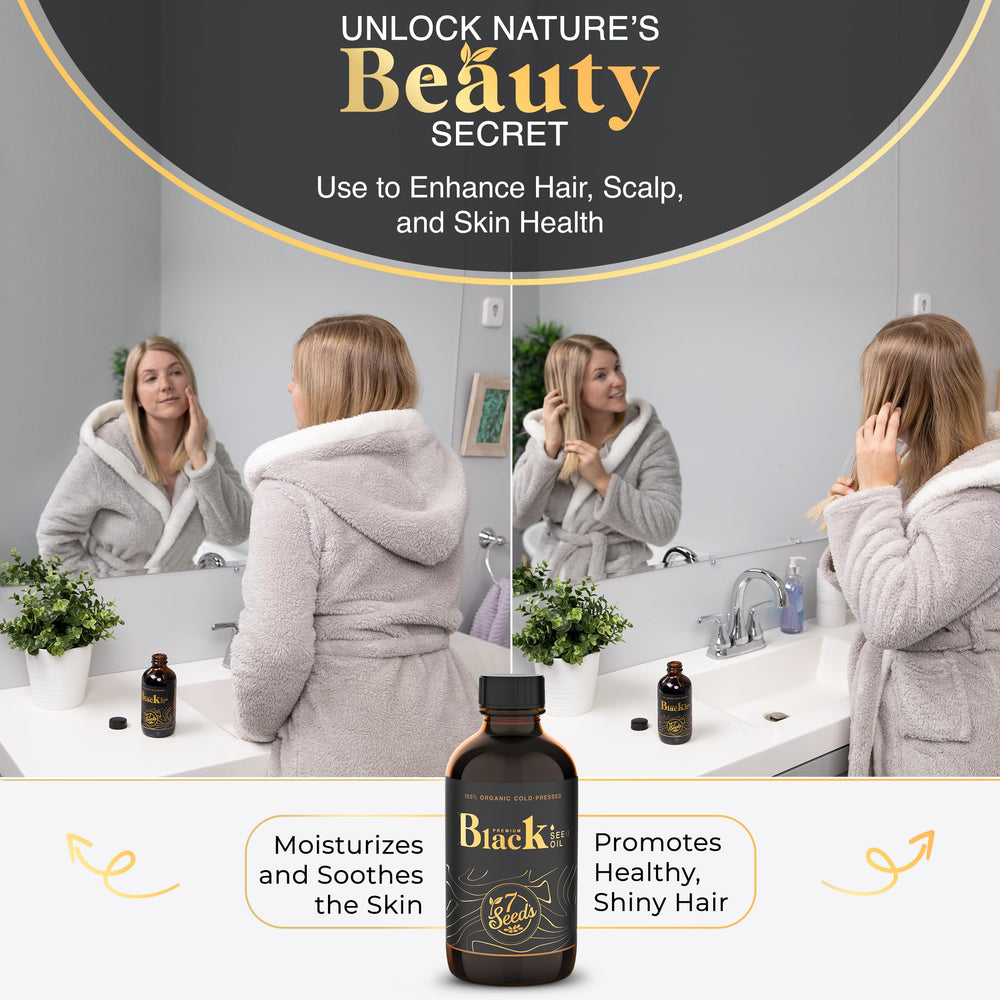 7 Seeds Black Seed Oil applied to skin enhances a radiant, nourished appearance.