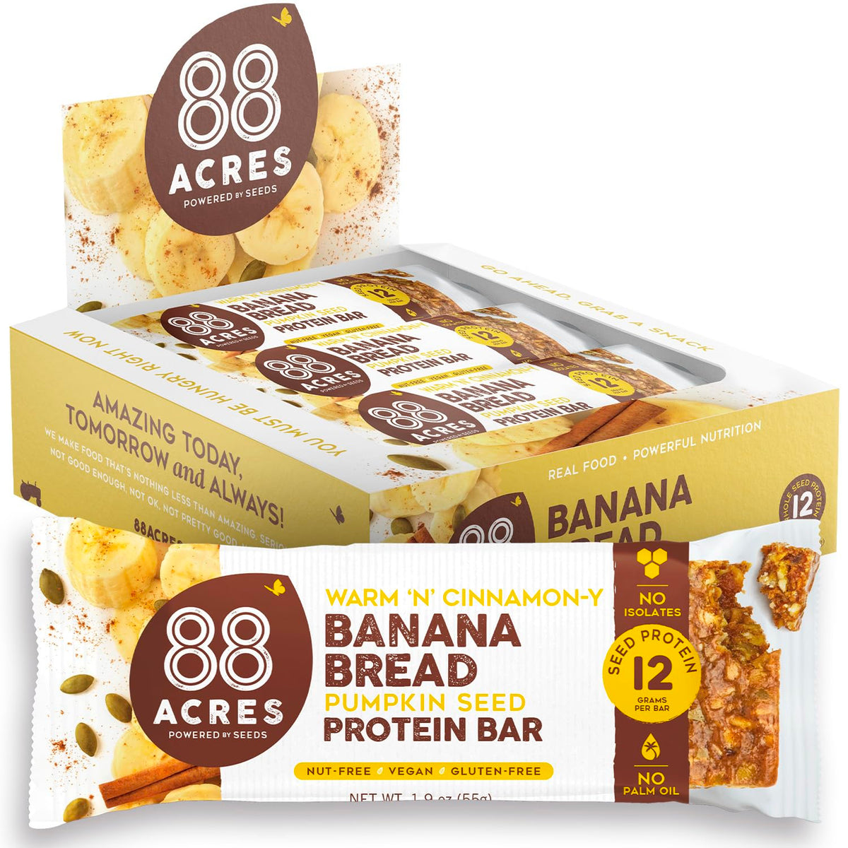 88 Acres banana bread plant-based bar packaging shown, gluten-free and school-safe.