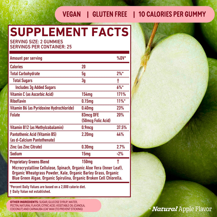 8Greens Supergreens Gummies nutrition facts label highlights vitamins for daily nutrients.