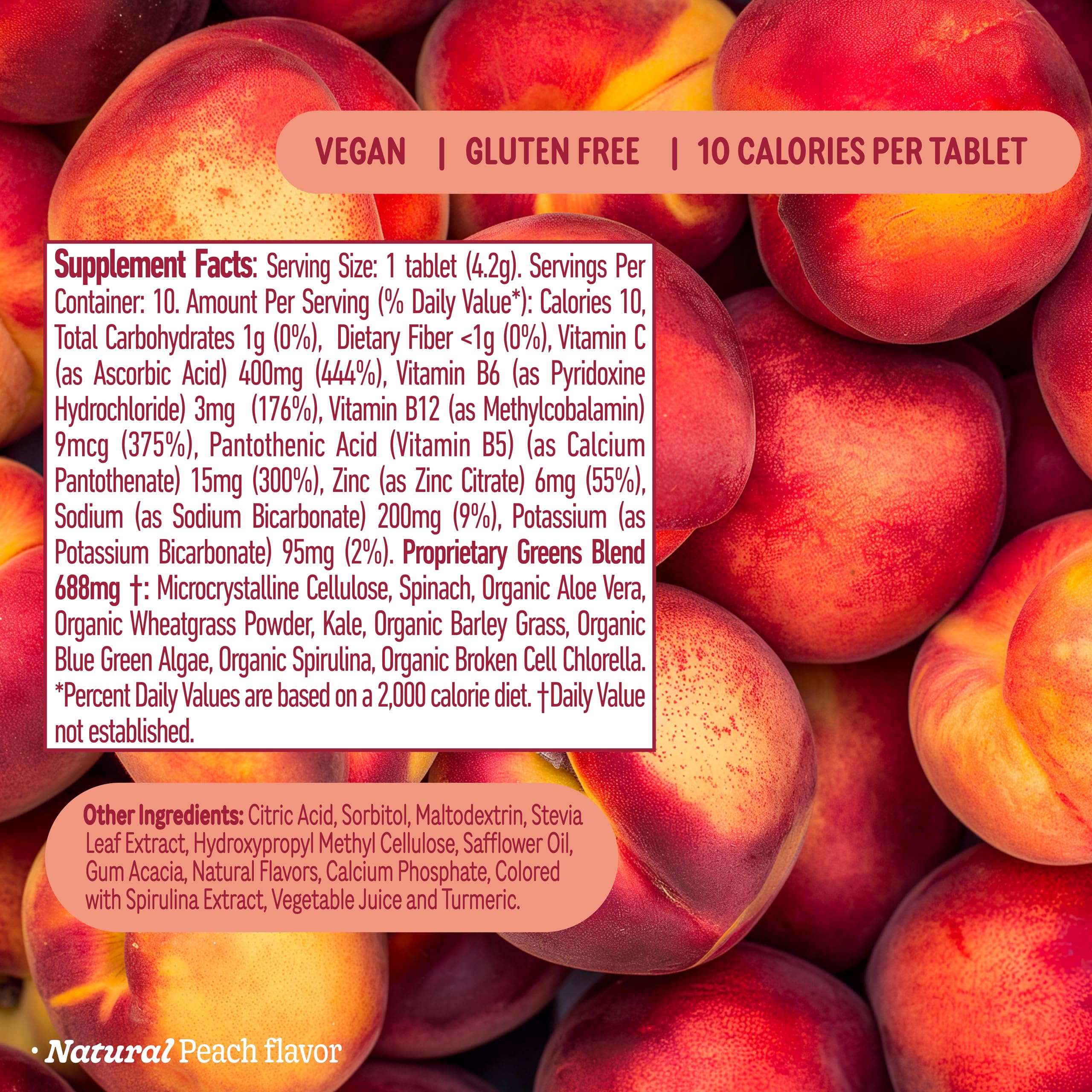 8Greens peach-flavored tablets ready to mix into your daily beverage