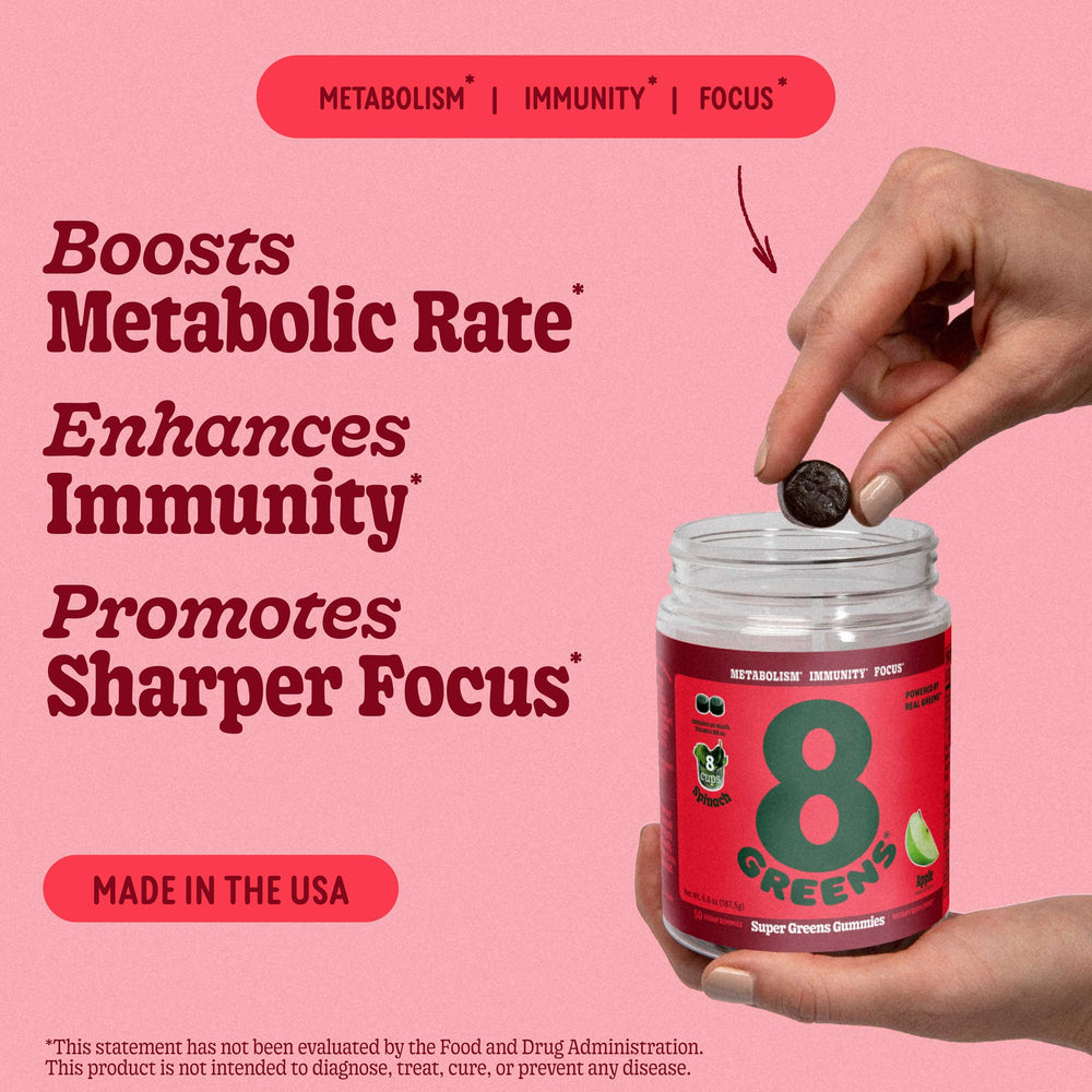 8Greens Supergreens Gummies bottle closeup highlights a tasty, on-the-go supplement.