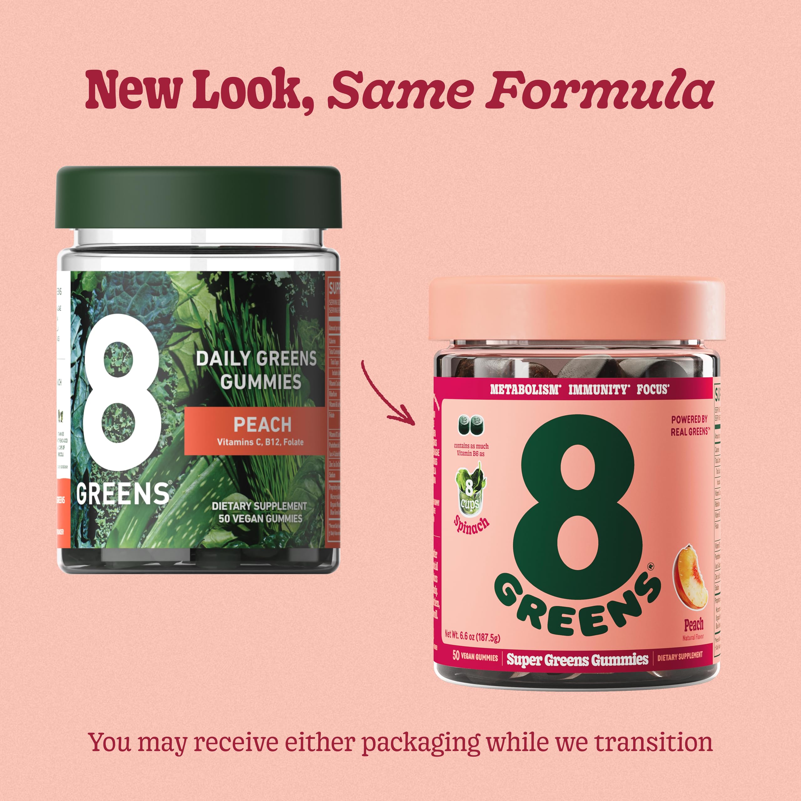 8Greens Supergreens Gummies flavors packaging highlights peach flavor appeal