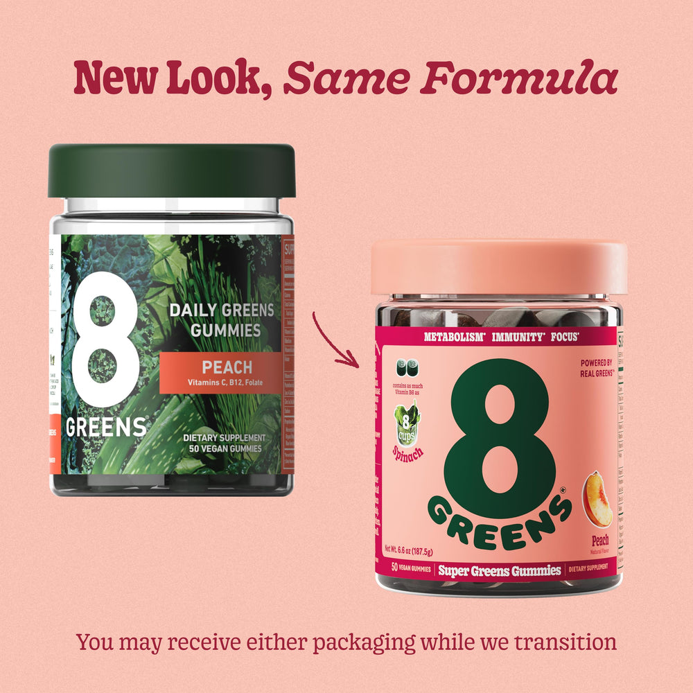 8Greens Supergreens Gummies flavors packaging highlights peach flavor appeal