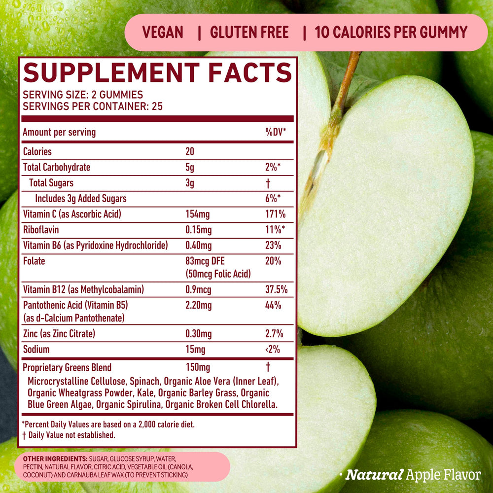 8Greens Gummies ingredients panel reveals the eight greens inside.