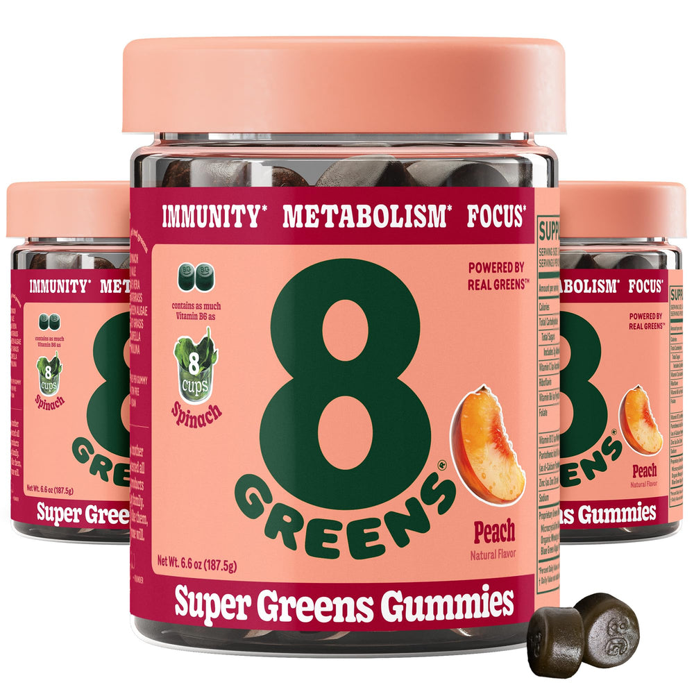 8Greens Supergreens Gummies label highlighting greens blend for daily vitality