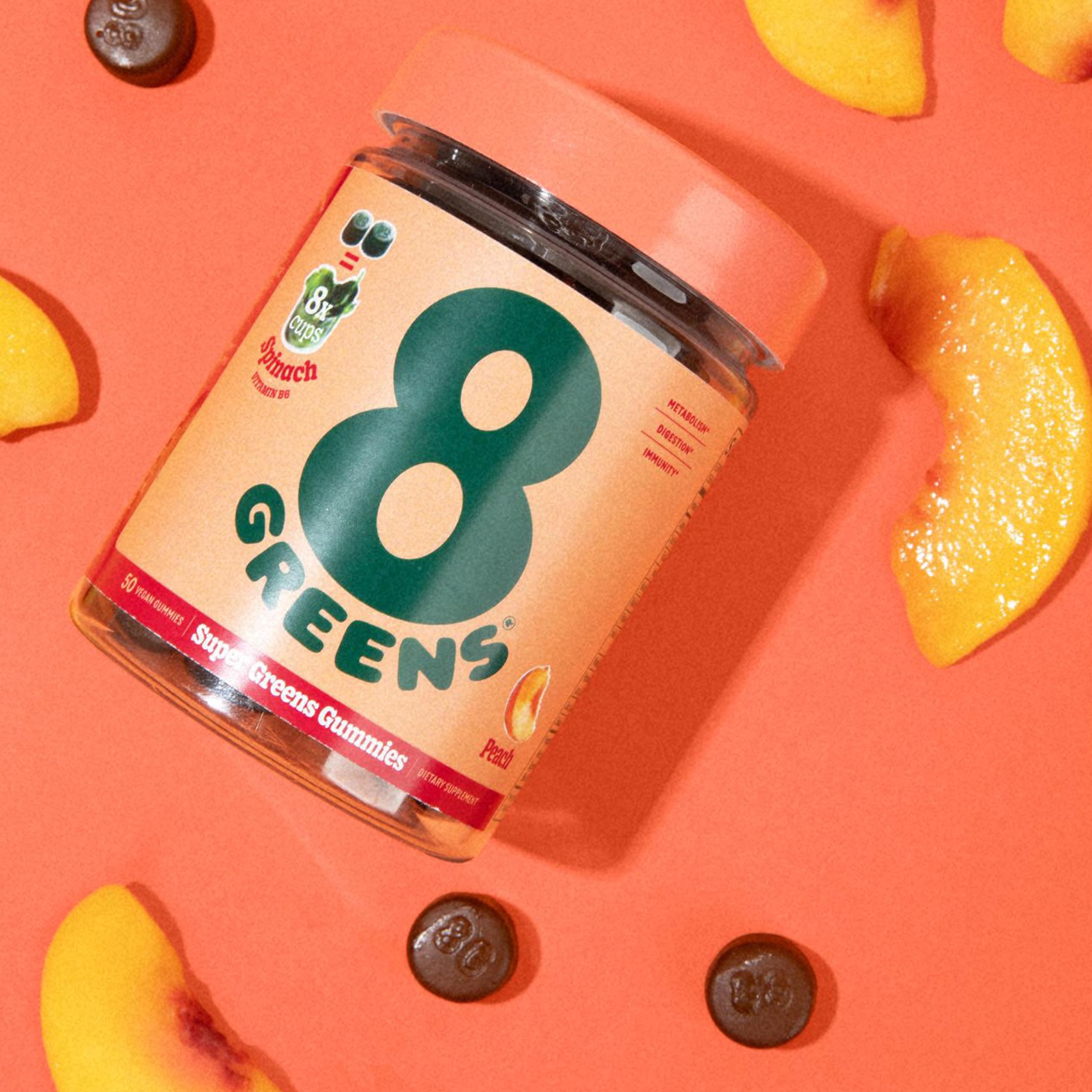 8Greens Supergreens Gummies peach flavor close-up hints tasty daily greens