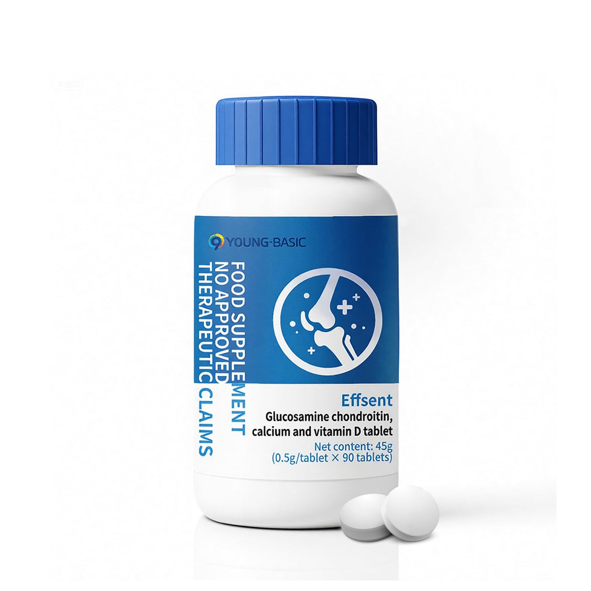 9 YOUNG-BASIC bottle showing glucosamine-chondroitin-calcium-d3 for joint nourishment