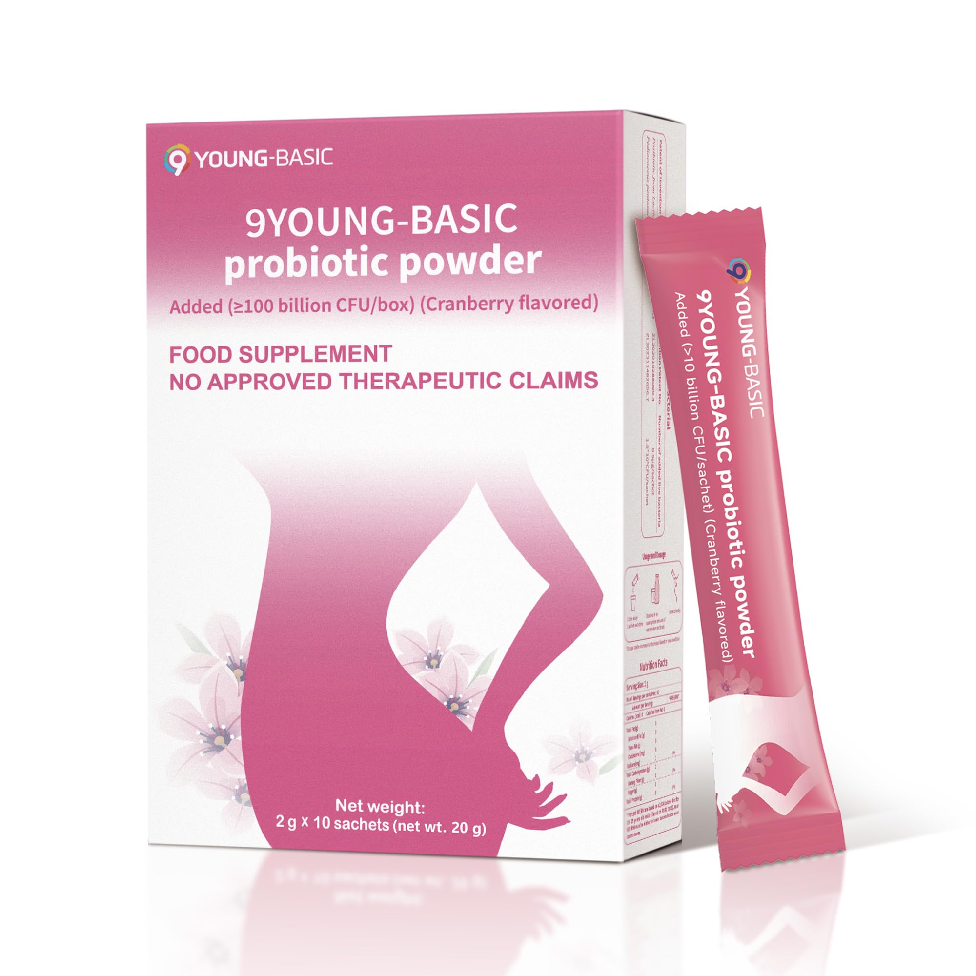 9 YOUNG-BASIC Probiotic Powder for Women bottle pour supports easy daily intake