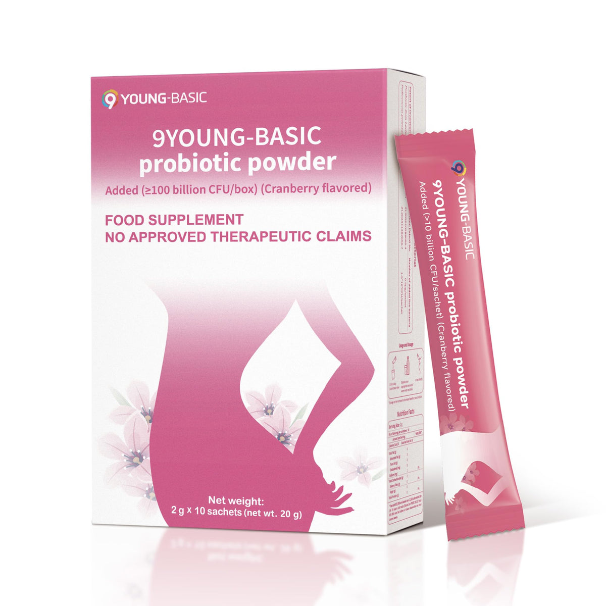 9 YOUNG-BASIC Probiotic Powder for Women bottle pour supports easy daily intake