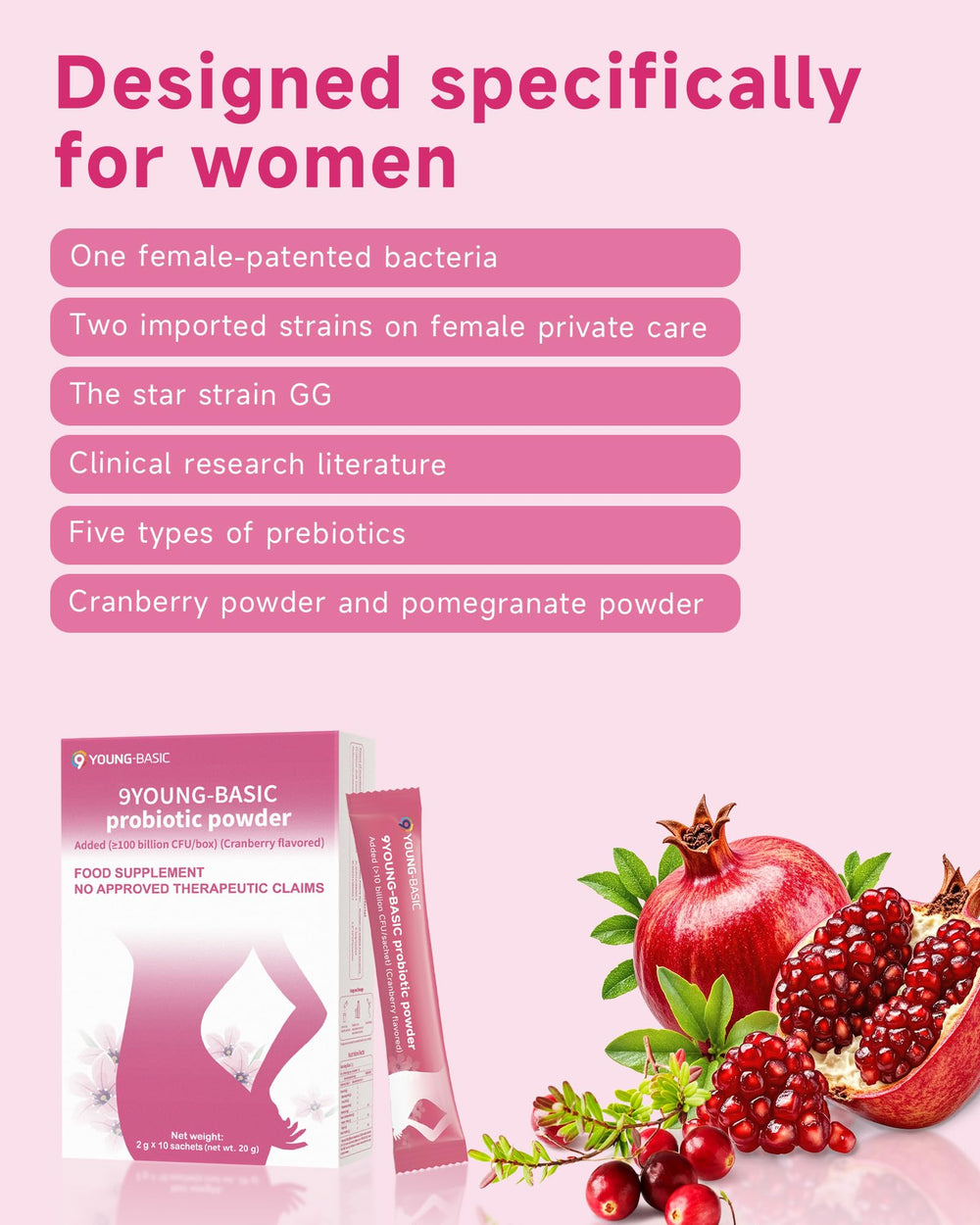 9 YOUNG-BASIC Probiotic Powder for Women cranberry visual supports urinary tract health