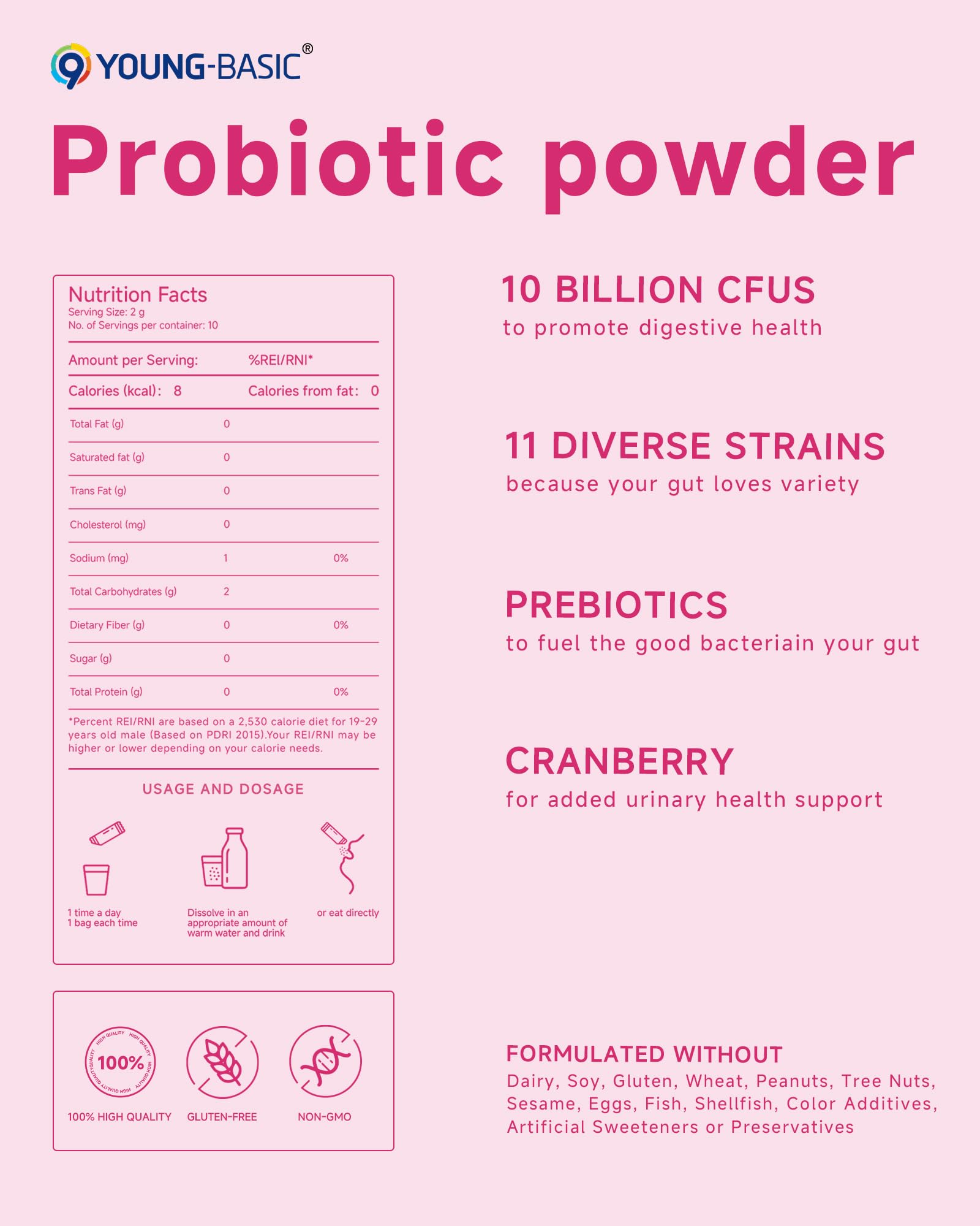 9 YOUNG-BASIC Probiotic Powder for Women digestive support with prebiotic fiber