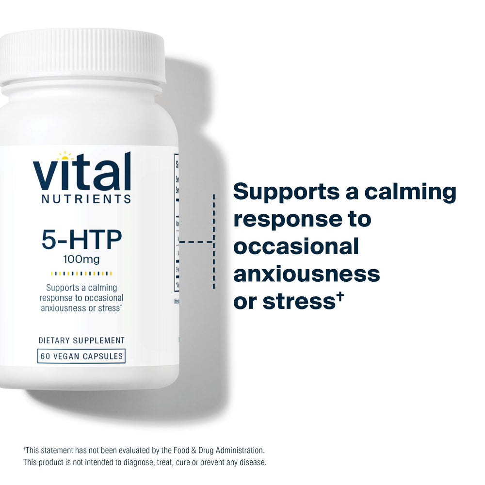 Vital Nutrients 5-HTP bottle pour suggesting easy daily dosing