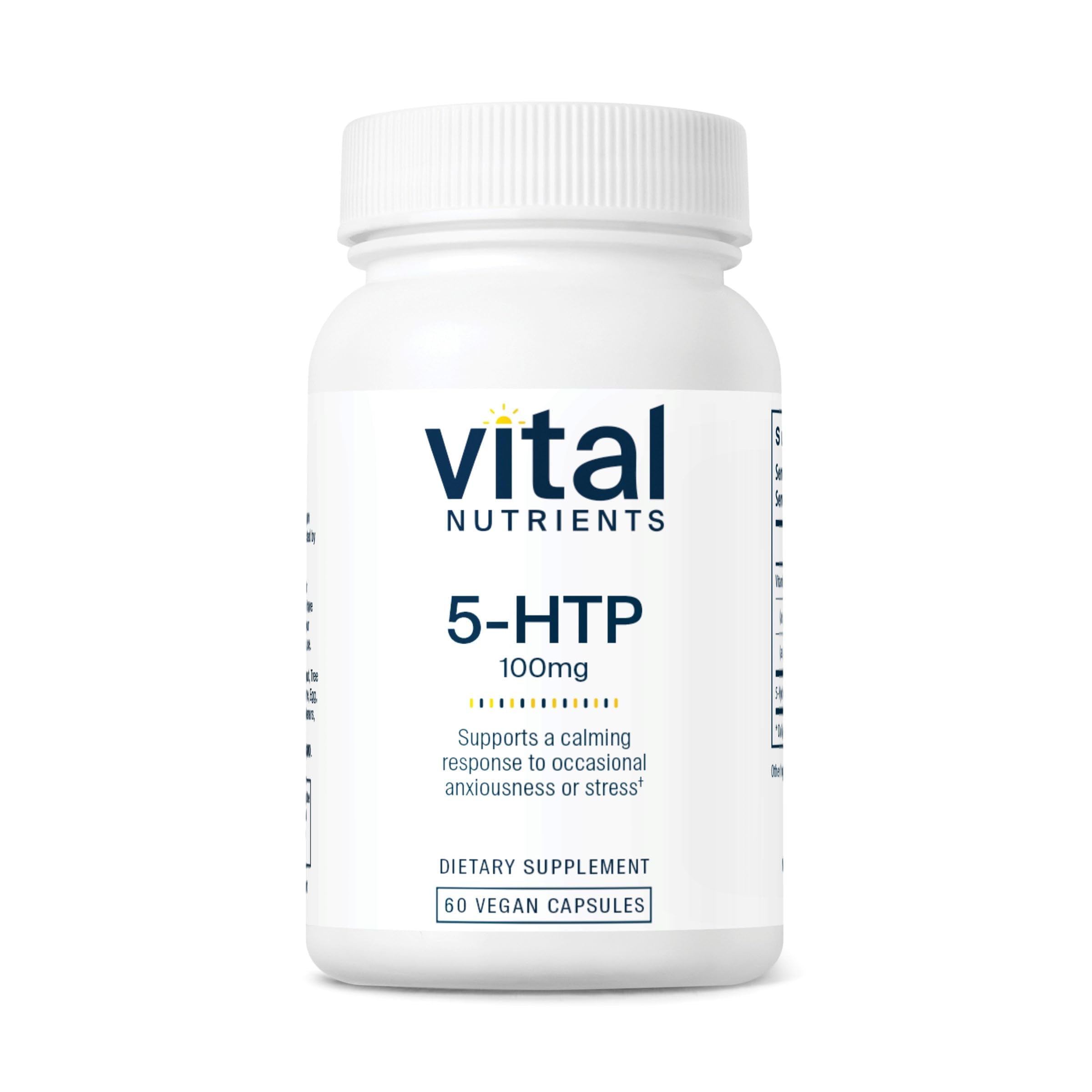 Vital Nutrients 5-HTP bottle on nightstand for calm evenings