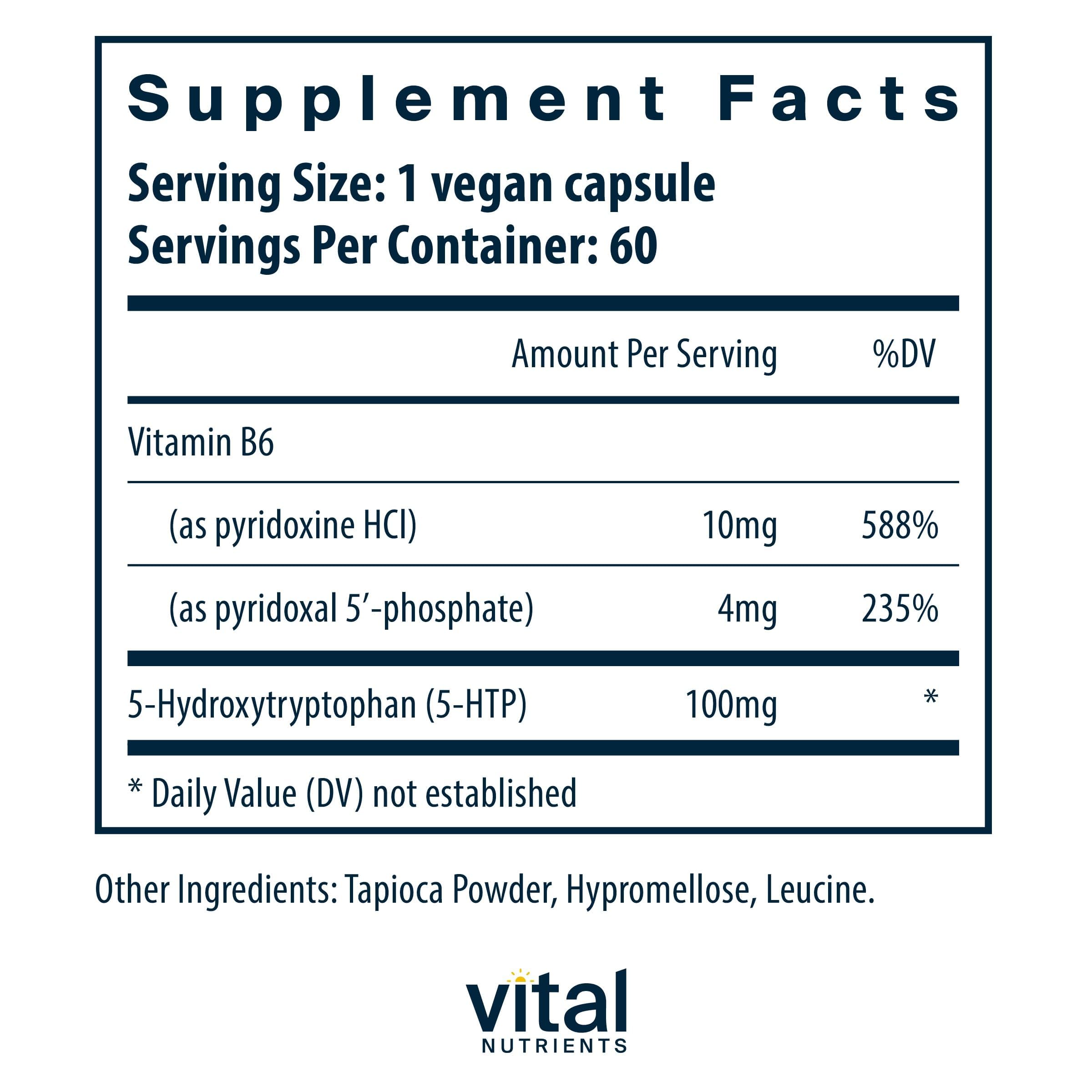 Close-up of Vital Nutrients 5-HTP capsules showing texture