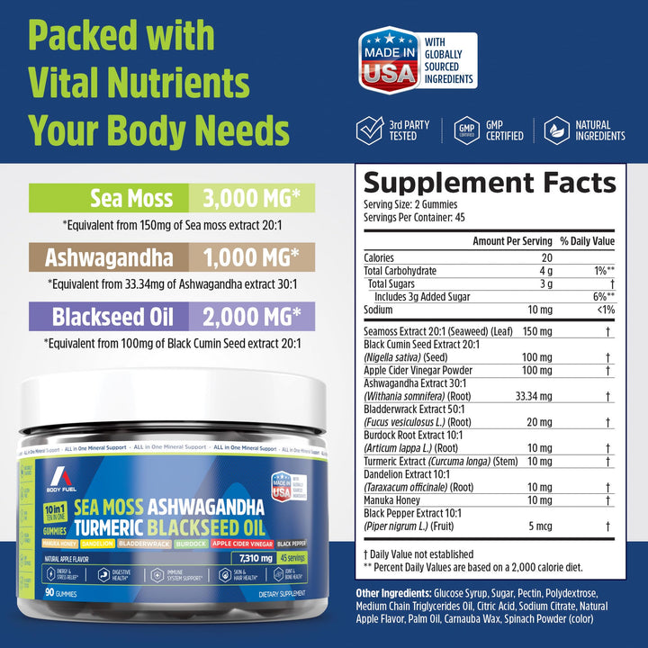 A1 Body Fuel Sea Moss Gummies apple cider vinegar visual suggests metabolism support and detox potential.