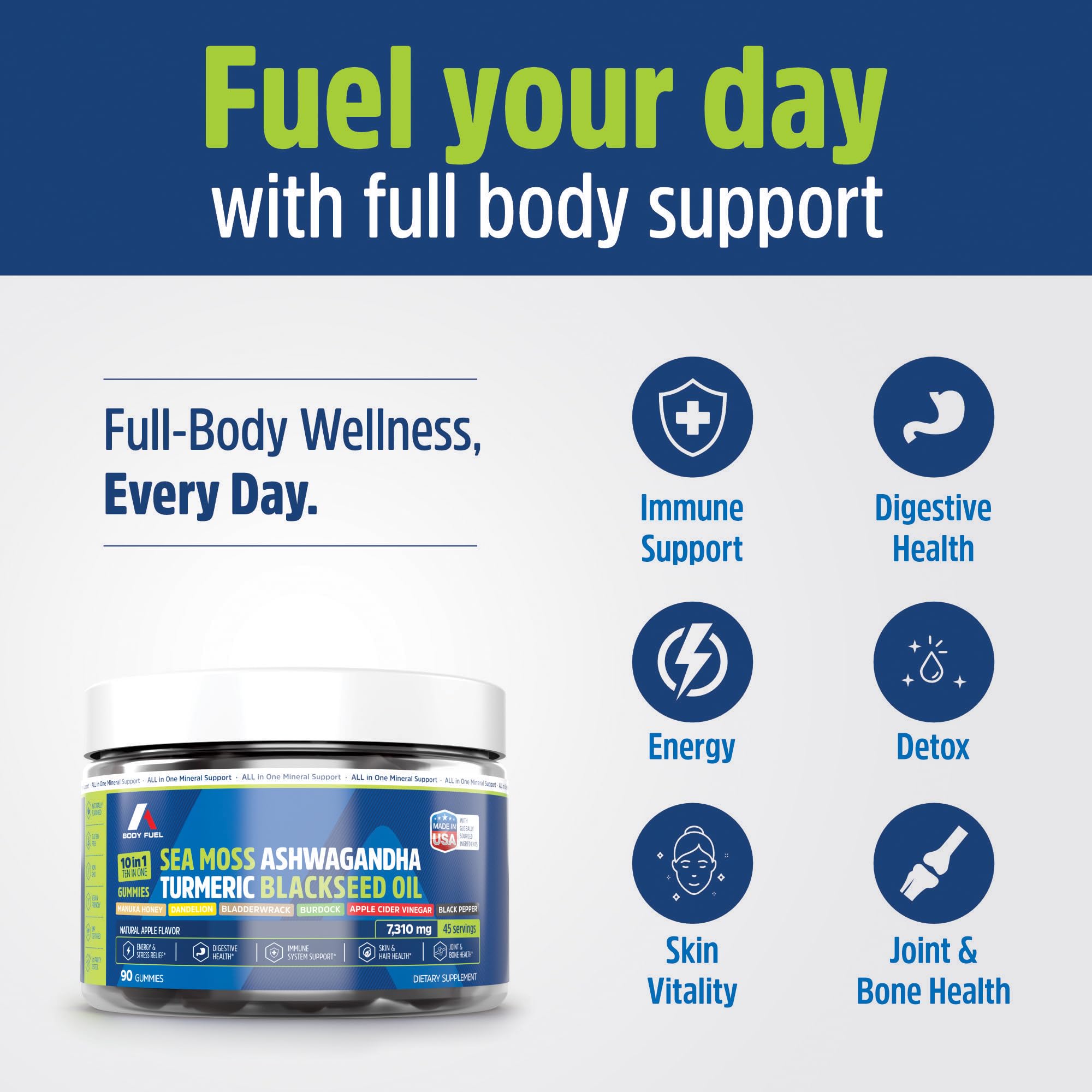 A1 Body Fuel Sea Moss Gummies bottle close-up showing plant-based goodness for immune support