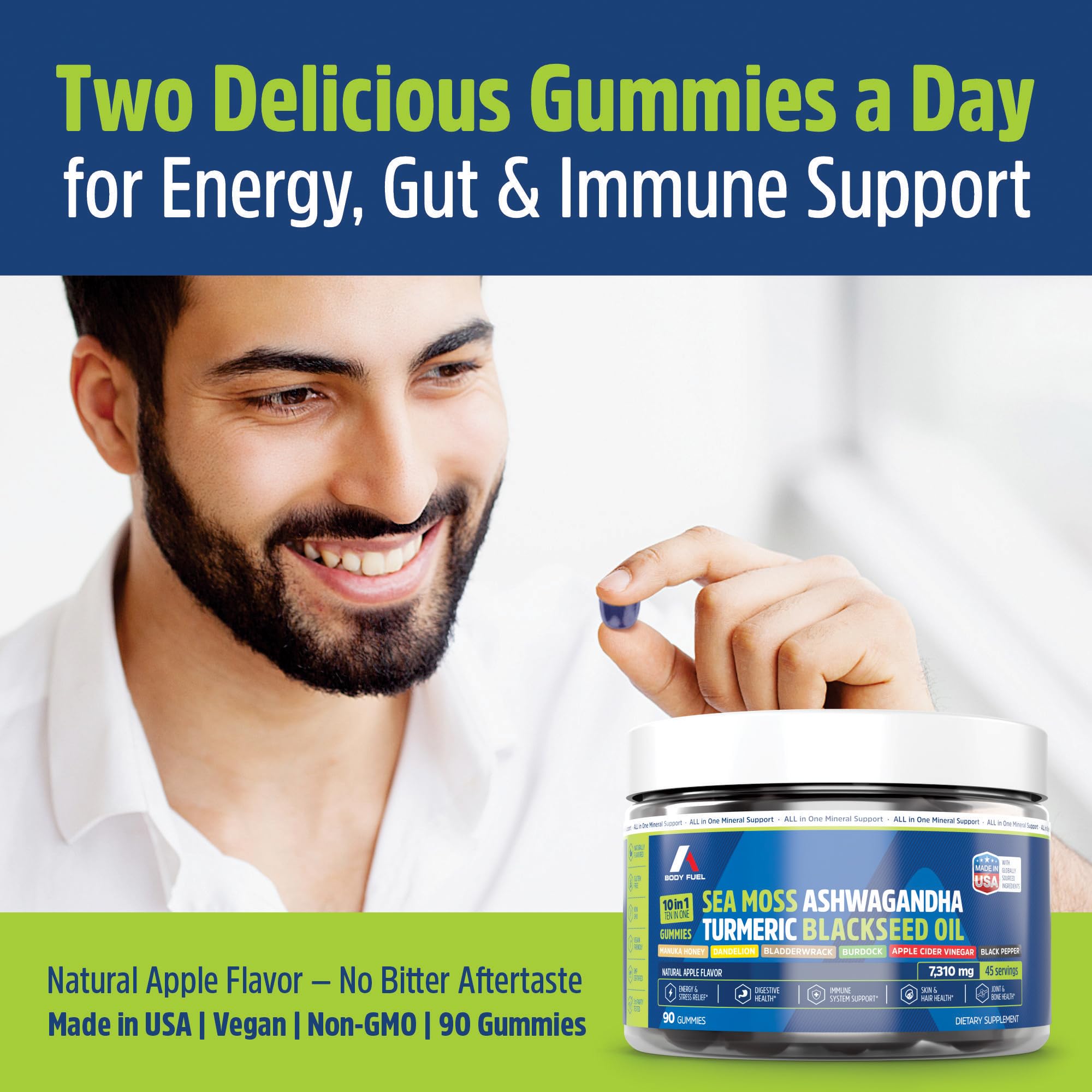 A1 Body Fuel Sea Moss Gummies USA-made bottle on counter indicating quality manufacturing