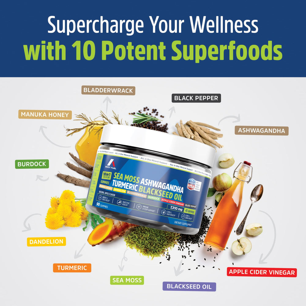 A1 Body Fuel Sea Moss Gummies ingredients on spoon suggesting digestive wellness