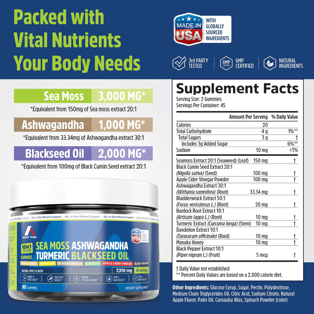 A1 Body Fuel Sea Moss Gummies in a kitchen scene emphasizing skin hydration and minerals