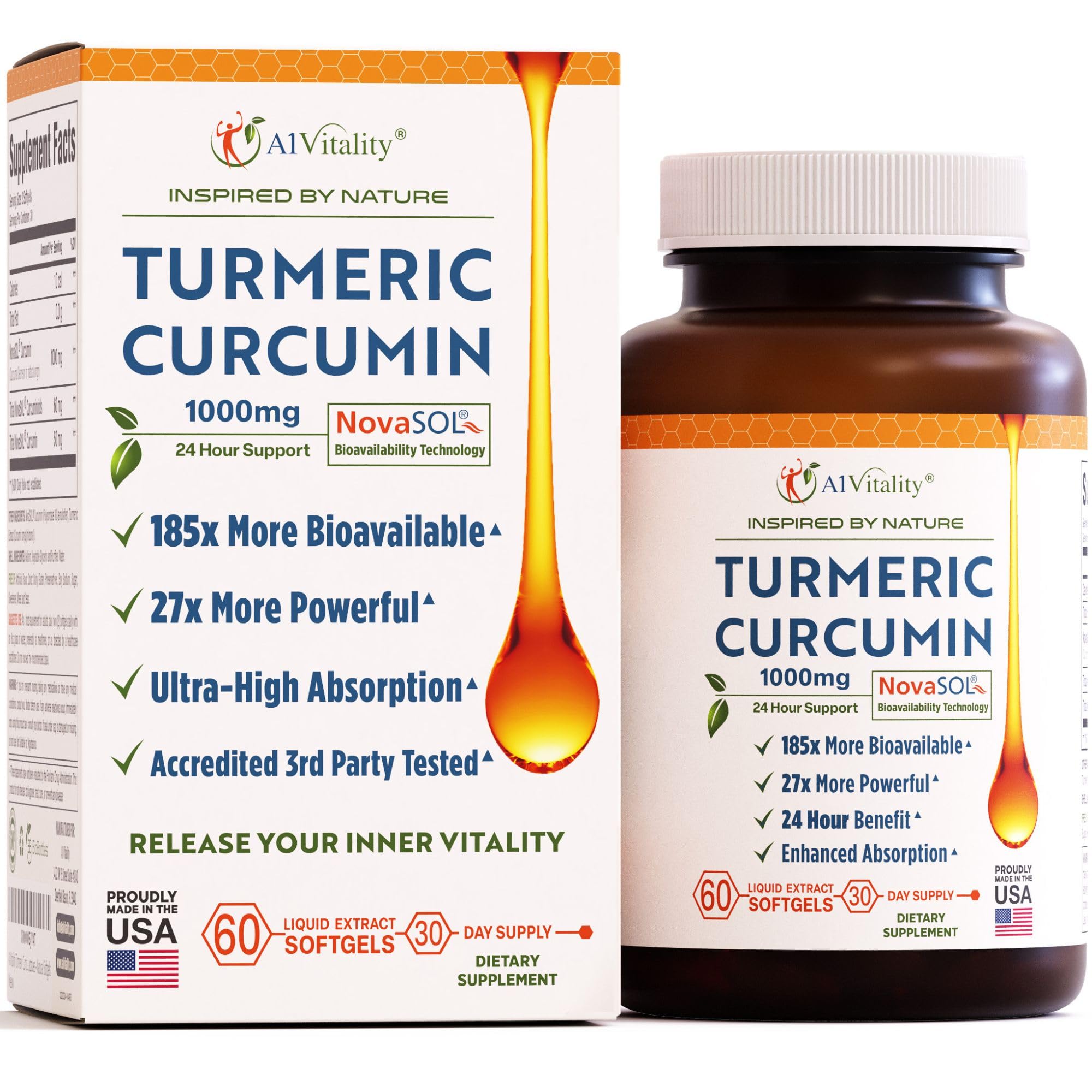 A1Vitality NovaSOL Turmeric Curcumin bottle pouring for easy daily use