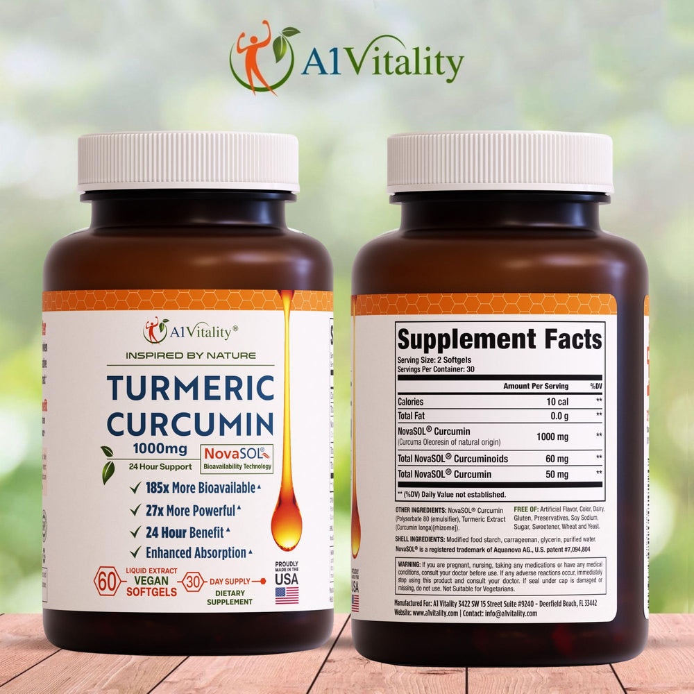 A1Vitality NovaSOL Turmeric Curcumin softgels close-up for daily vitality