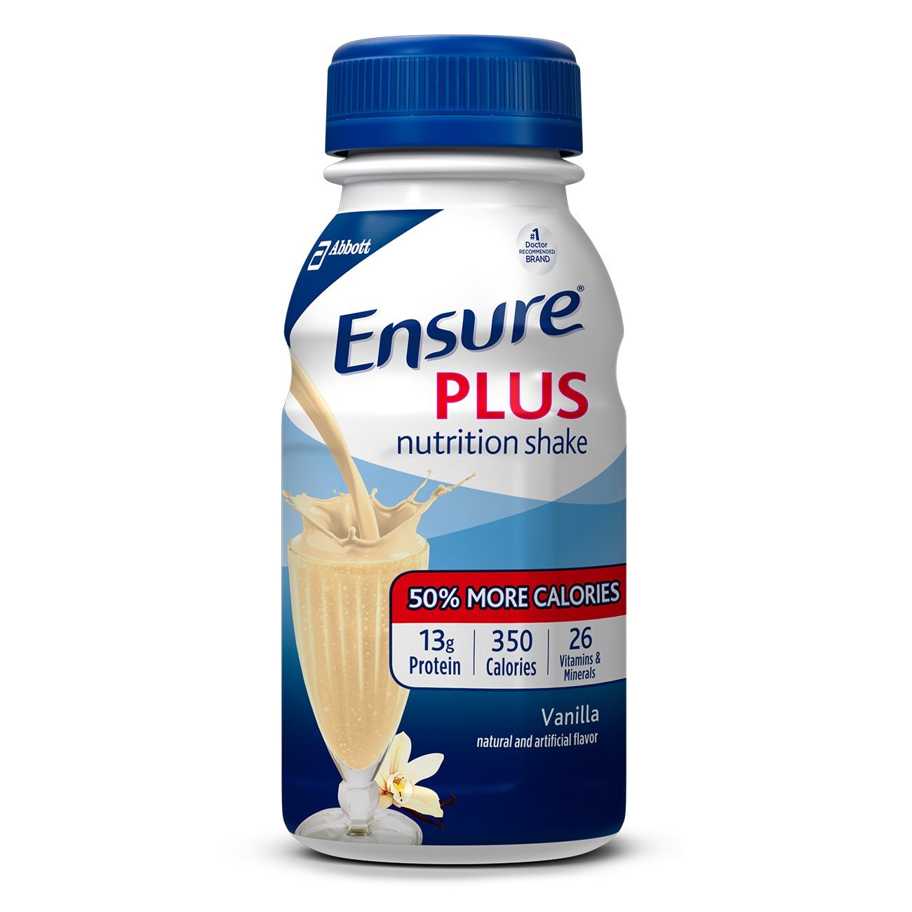 Abbott Ensure Plus Vanilla bottle pour shows protein-rich nutrition for daily energy