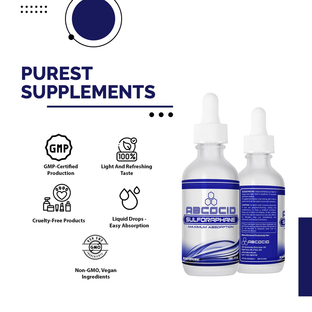 GMP-certified manufacturing notes on ABCOCID sulforaphane product.