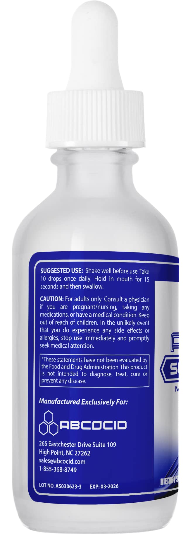 ABCOCID sulforaphane bottle with glass dropper for daily use.