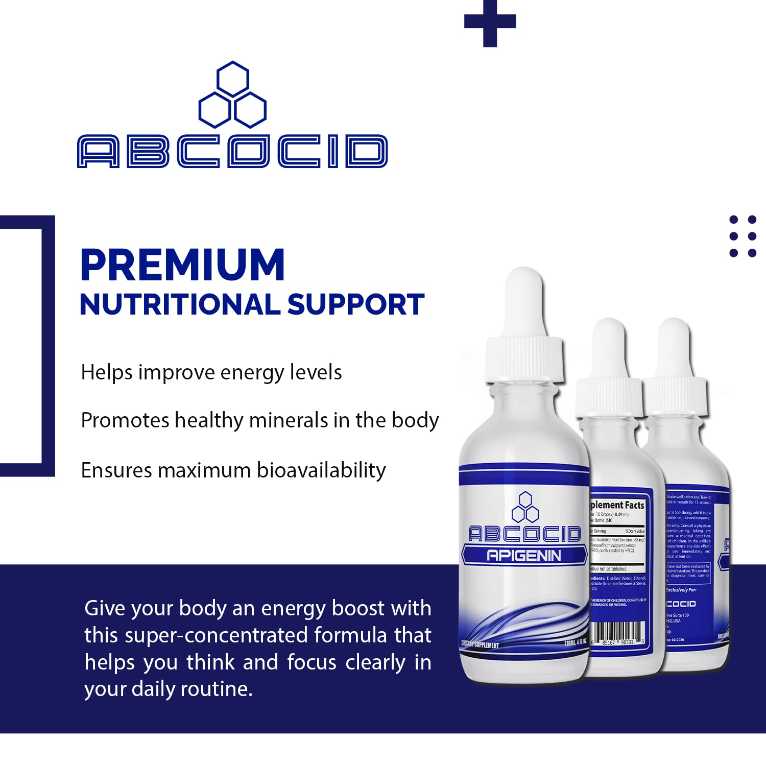ABCOCID Apigenin 65 mg measuring dropper for simple daily dosing