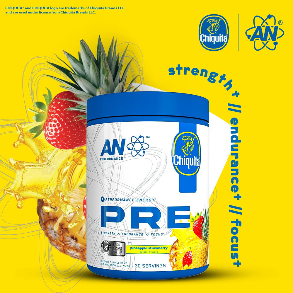 Scoop and jar of AN Performance powder for precise pre-workout dosing.