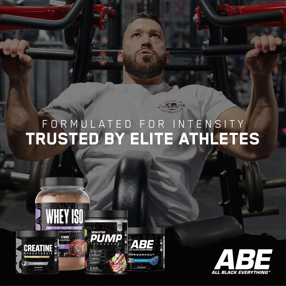 ABE All Black Everything Whey Isolate flavor specks highlight indulgent taste without added sugar.