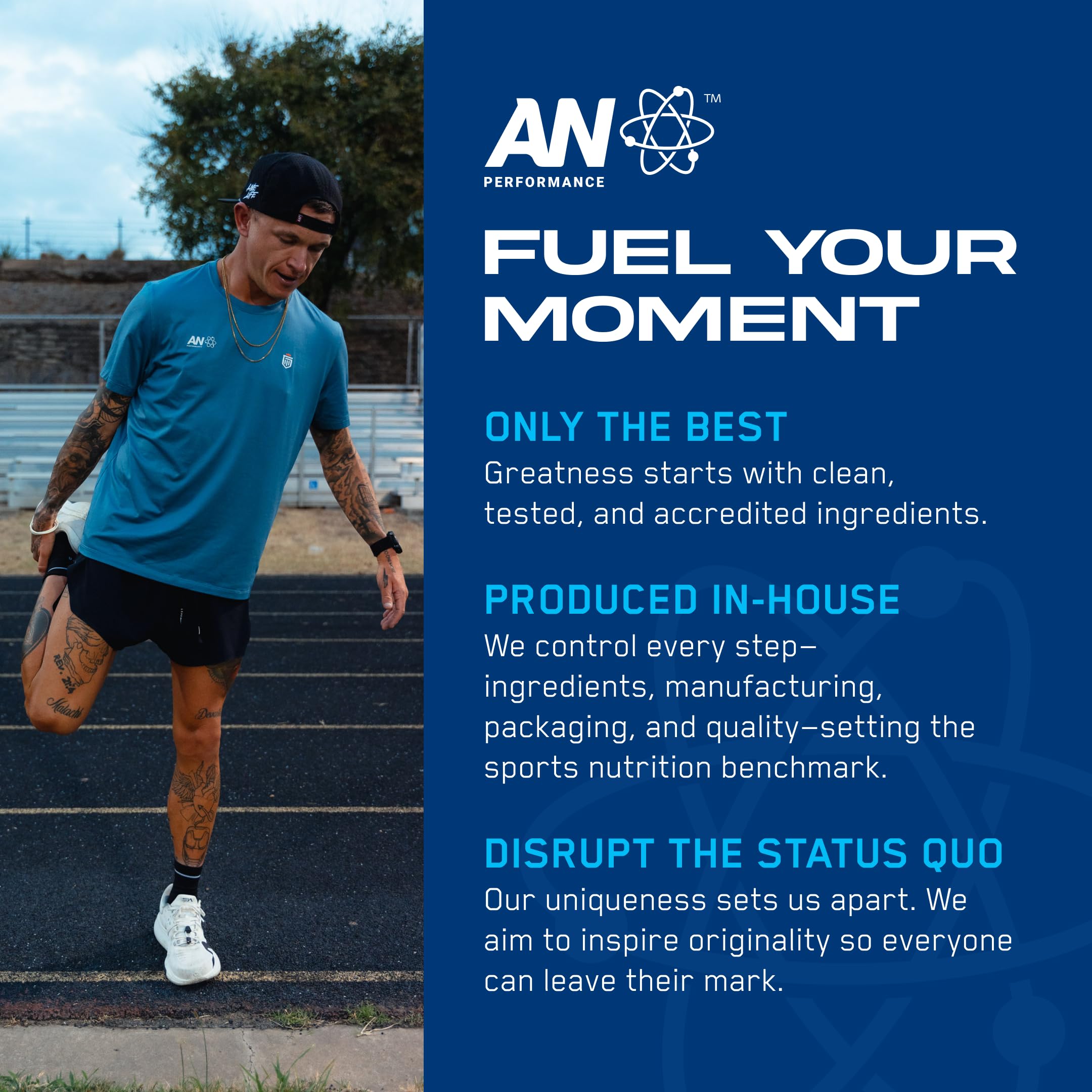ABE AN Performance Blue Razz scoop beside glass suggesting energy boost.