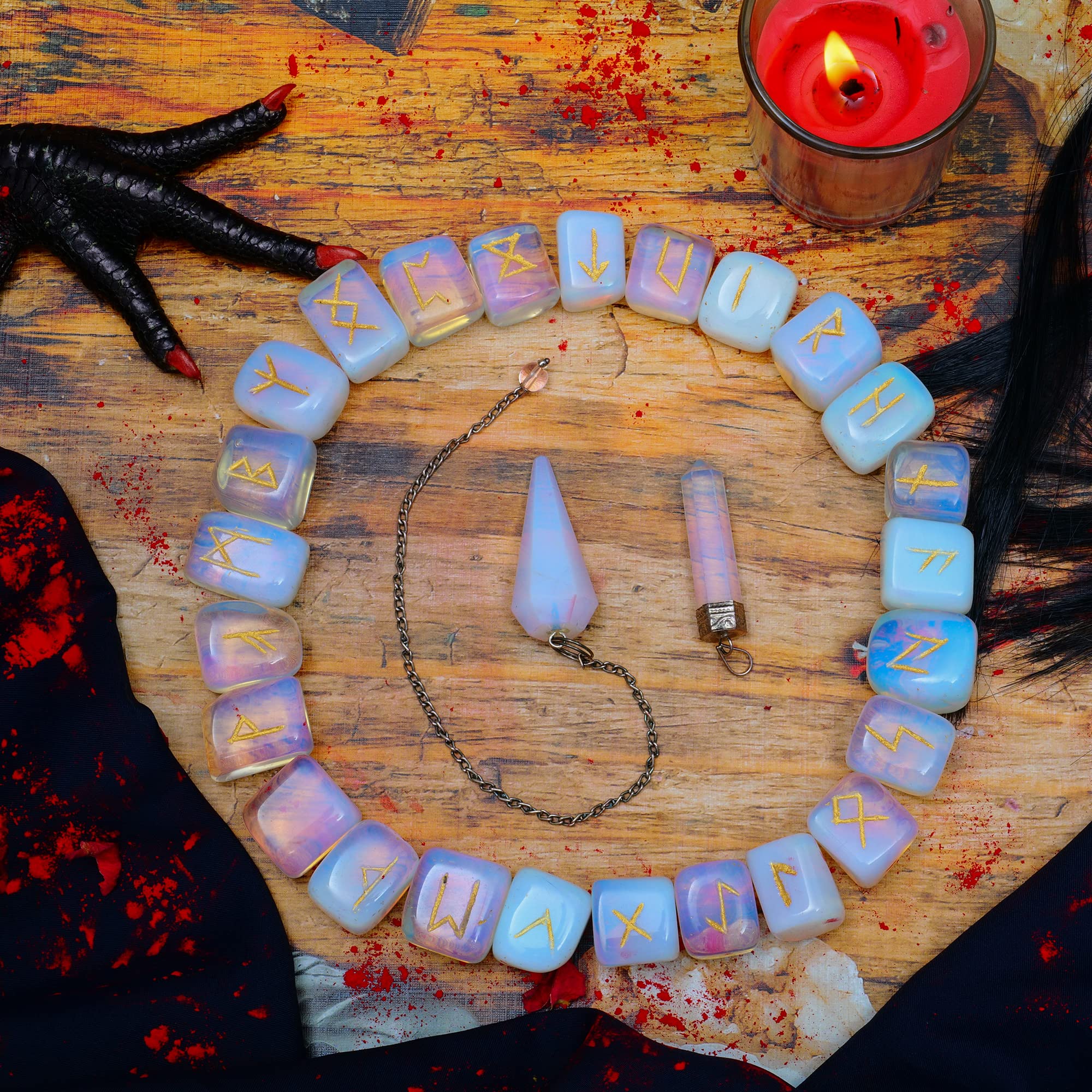 ABHISUBYA Elder Futhark engraved runes on Opalite for clear symbolism