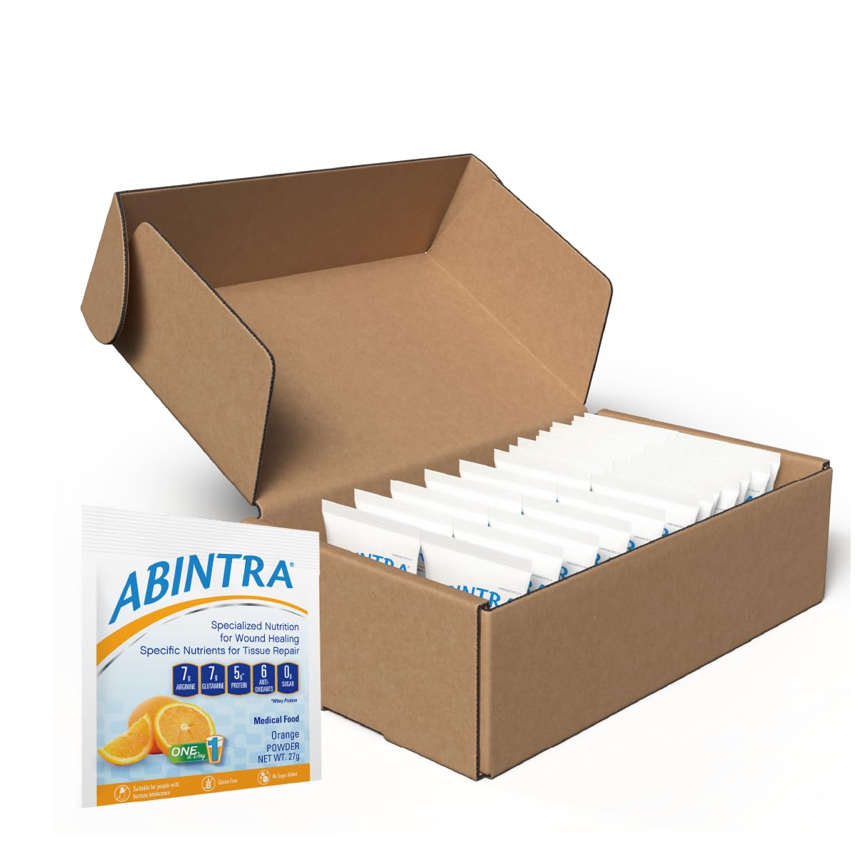 ABINTRA orange flavor packets offer convenient daily nutrition for healing.