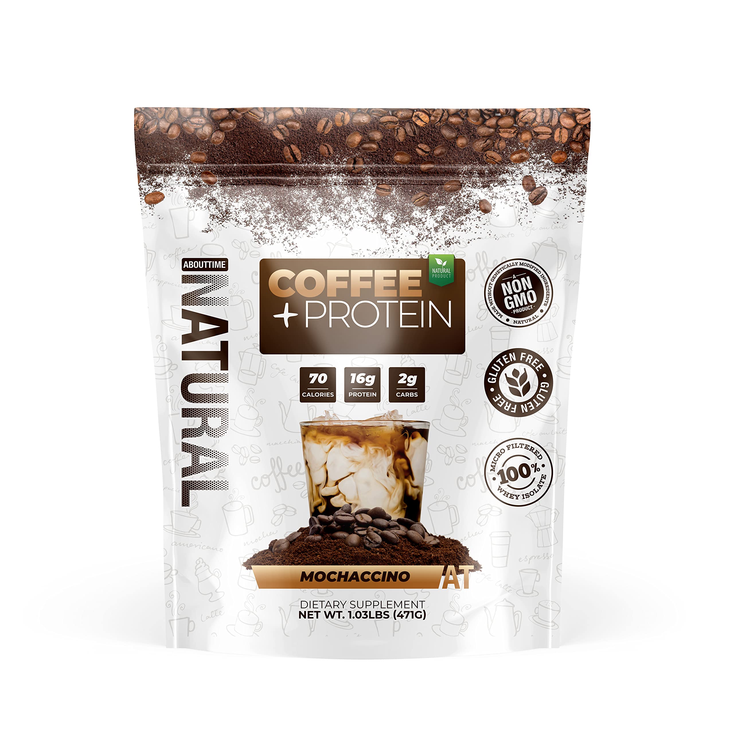 About Time Coffee + Whey Protein label highlighting non-GMO formula and 16 g protein per serving