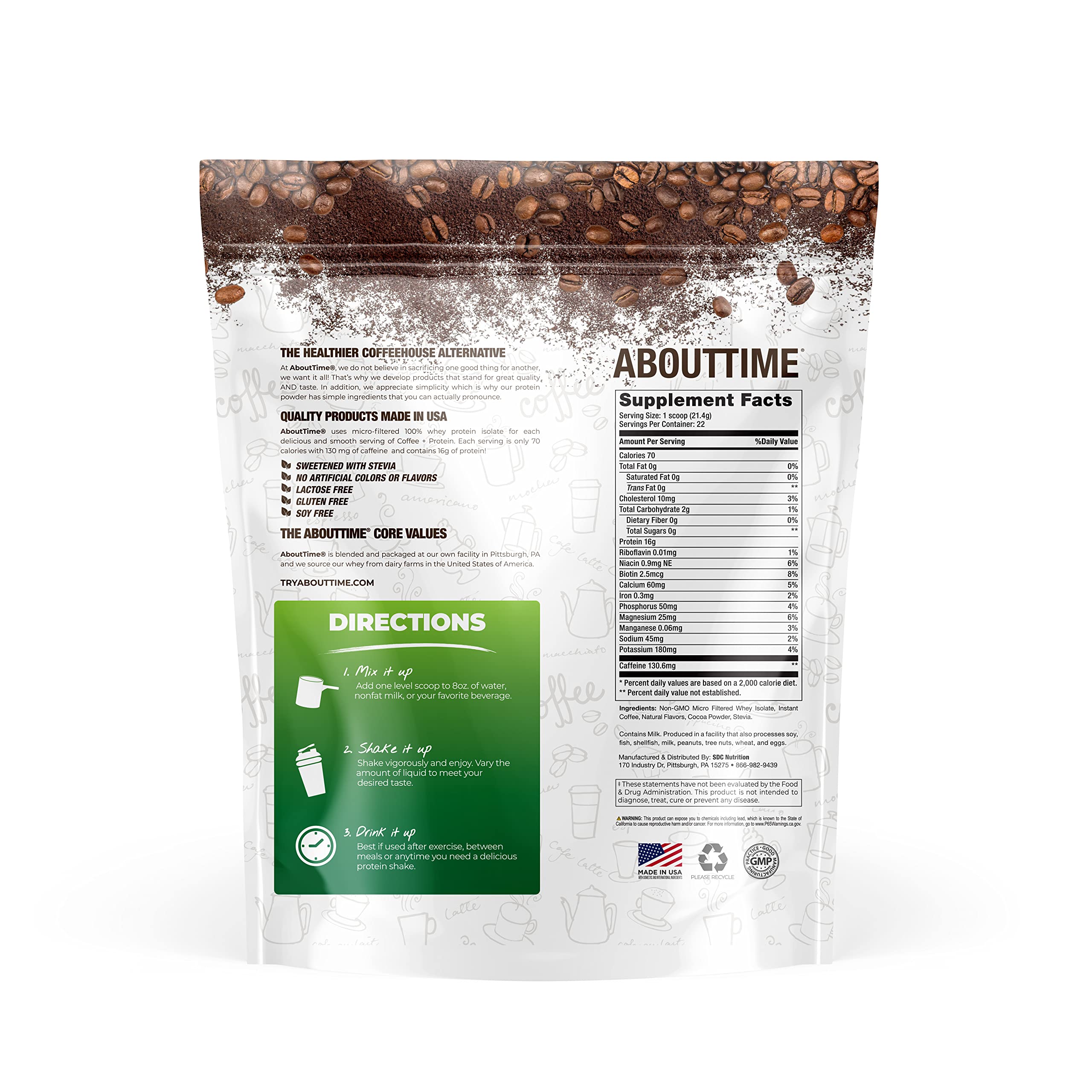 Pour shot of About Time Coffee + Whey Protein for a quick morning shake