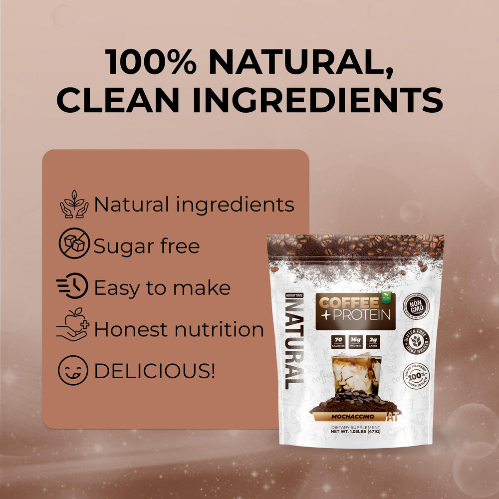 Glass with scoop of About Time Coffee + Whey Protein ready to mix